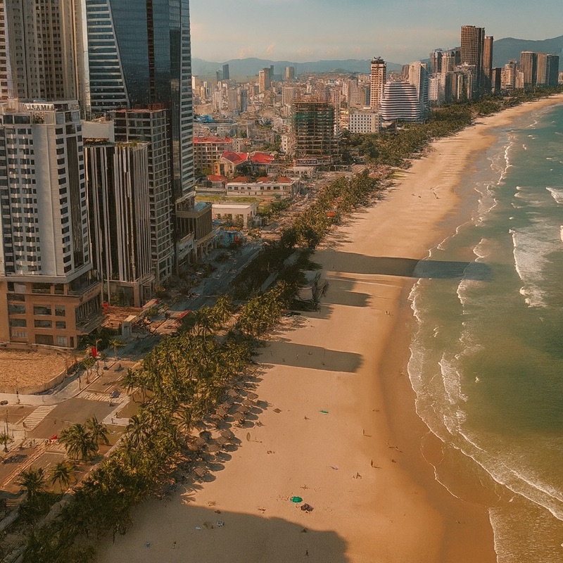 Danang's beach seen from the air, high-rises along the shore and the bay curving away to the headland